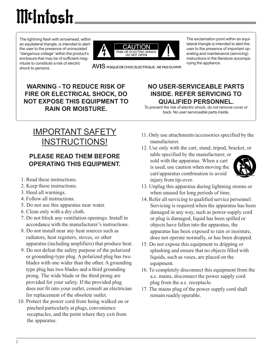 Important safety instructions | McIntosh Audio Control Center C45 User Manual | Page 2 / 36