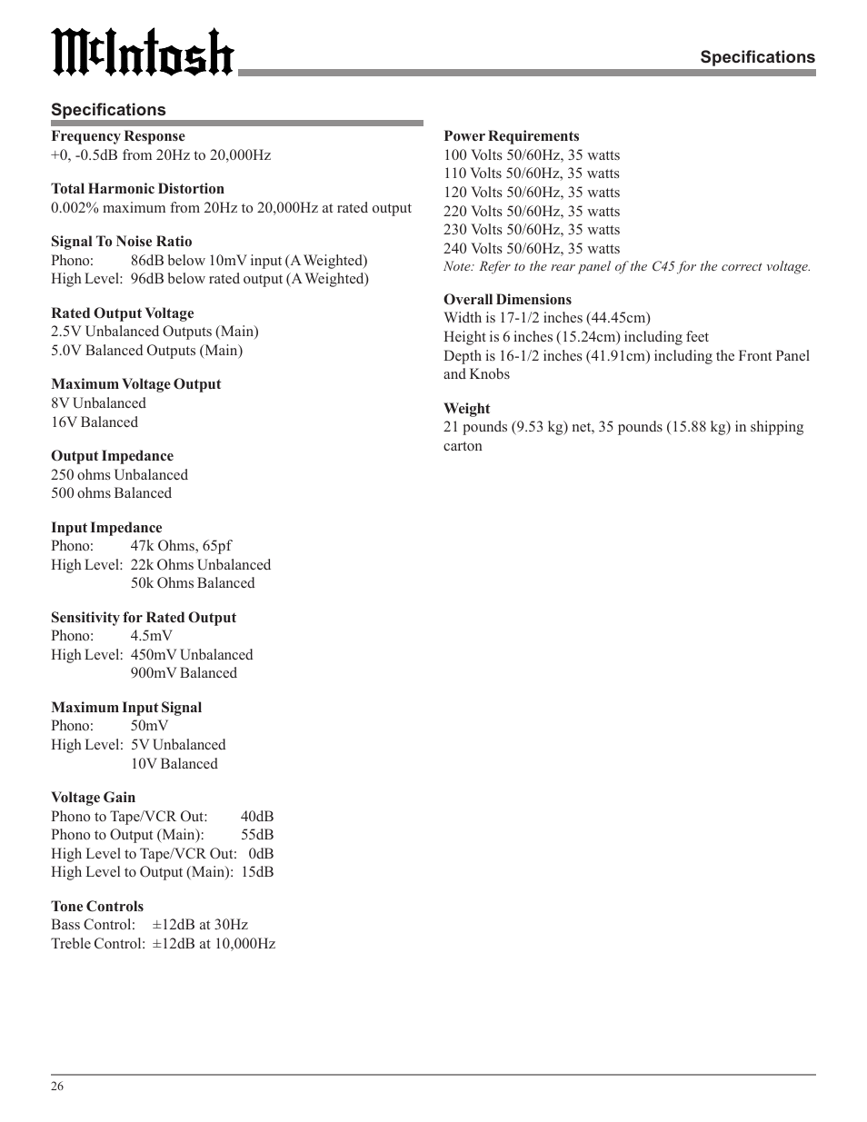 McIntosh Audio Control Center C45 User Manual | Page 26 / 36