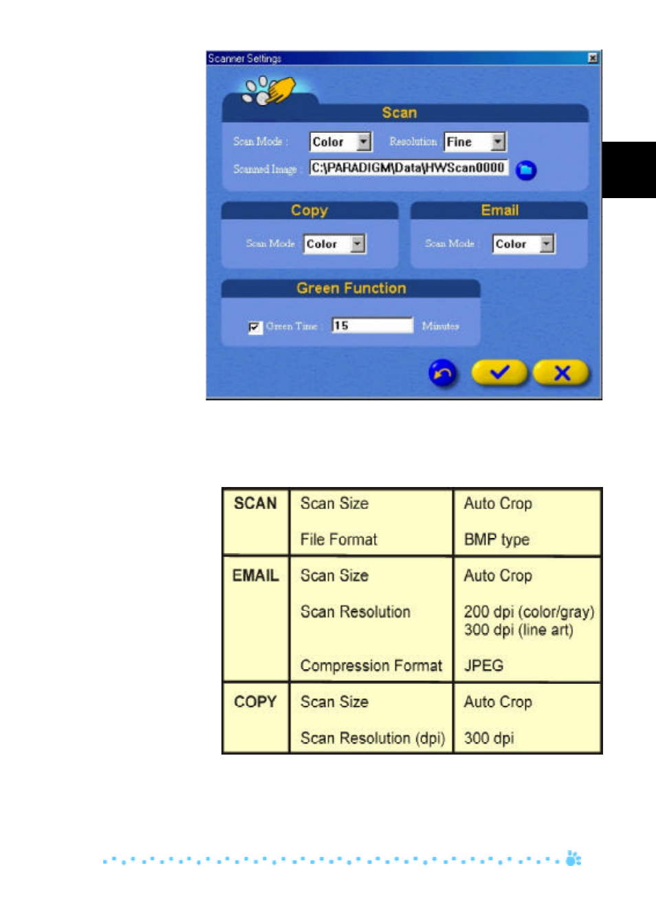 Scanner (non-changeable) default settings | Mustek 1200 User Manual | Page 10 / 23