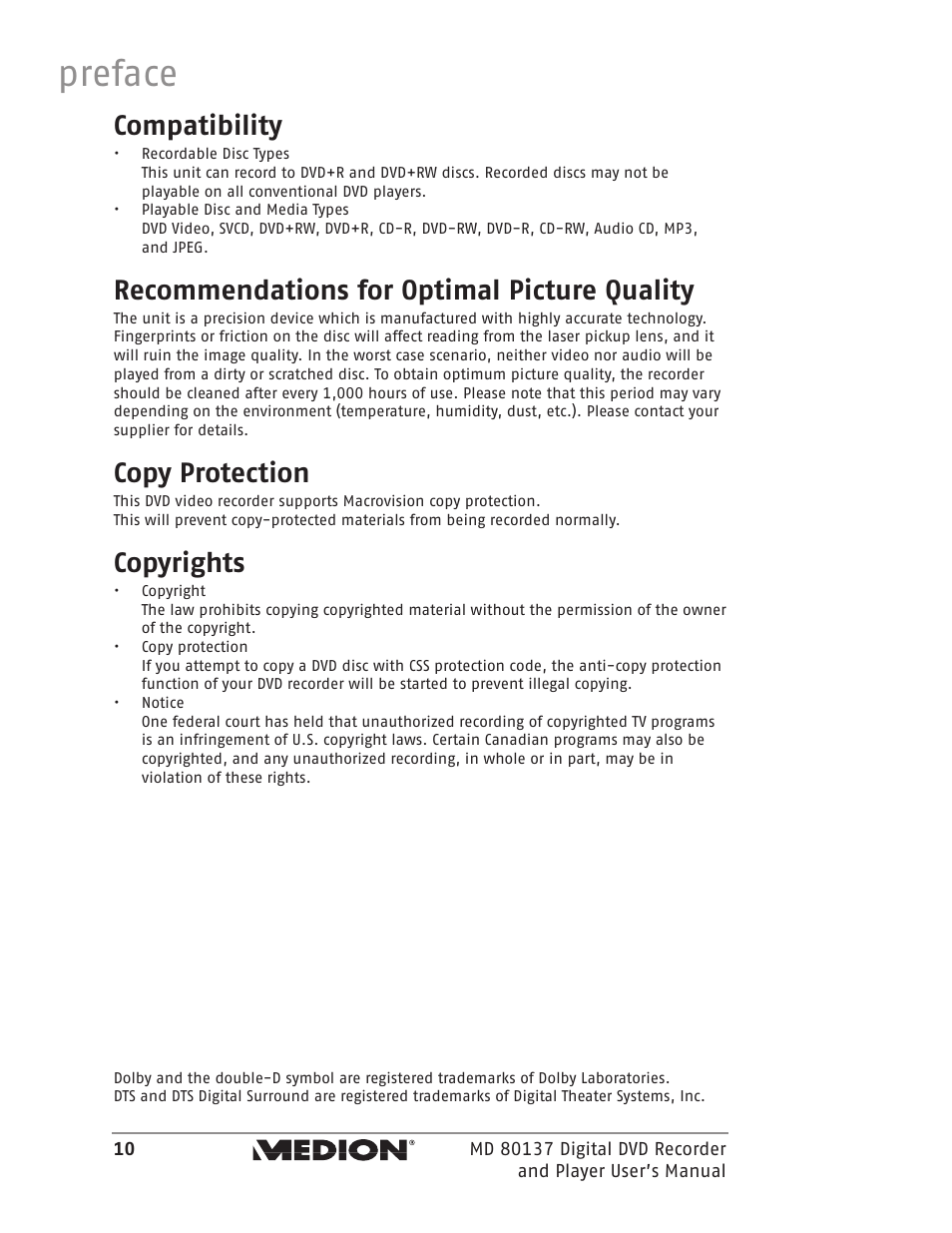 Preface, Compatibility, Recommendations for optimal picture quality | Copy protection, Copyrights | Medion MD 80137 User Manual | Page 10 / 53