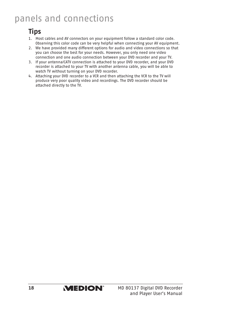 Panels and connections, Tips | Medion MD 80137 User Manual | Page 18 / 53