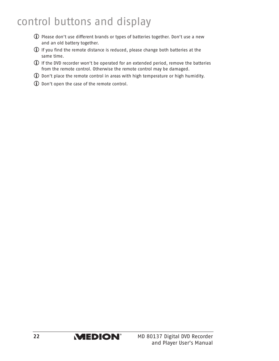 Control buttons and display | Medion MD 80137 User Manual | Page 22 / 53
