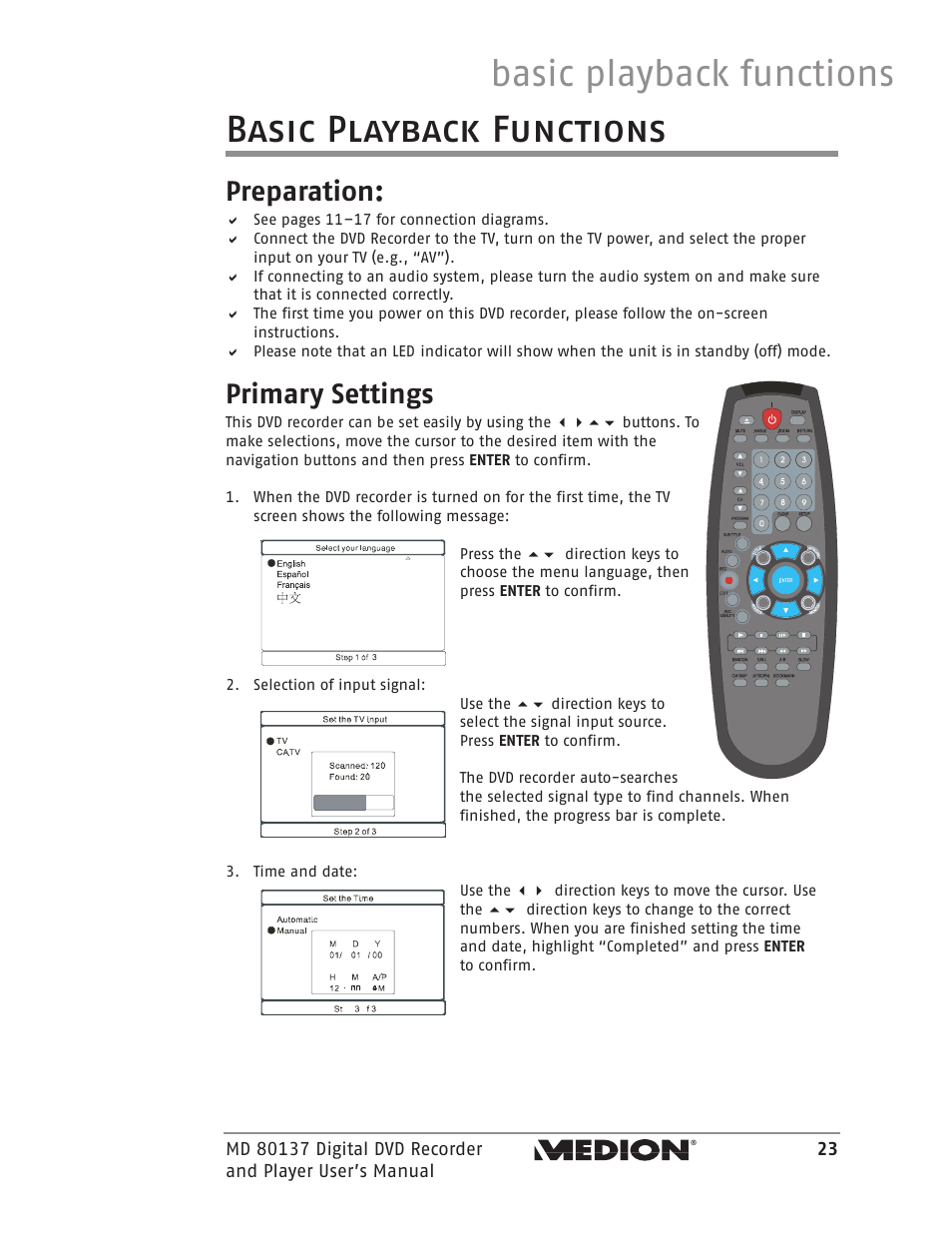 Basic playback functions, Preparation, Primary settings | Medion MD 80137 User Manual | Page 23 / 53