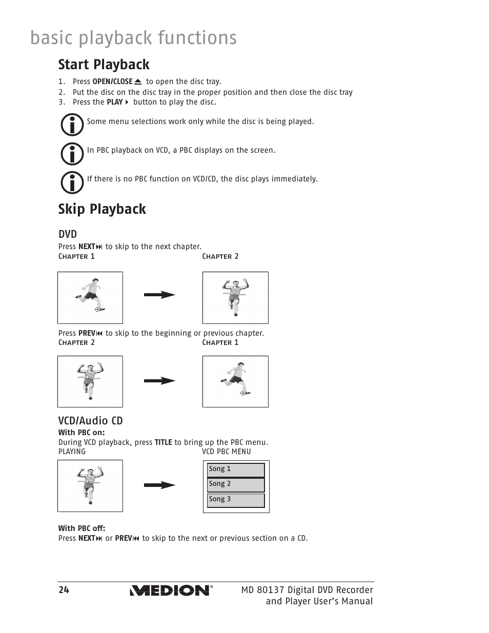 Basic playback functions, Start playback, Skip playback | Vcd/audio cd | Medion MD 80137 User Manual | Page 24 / 53