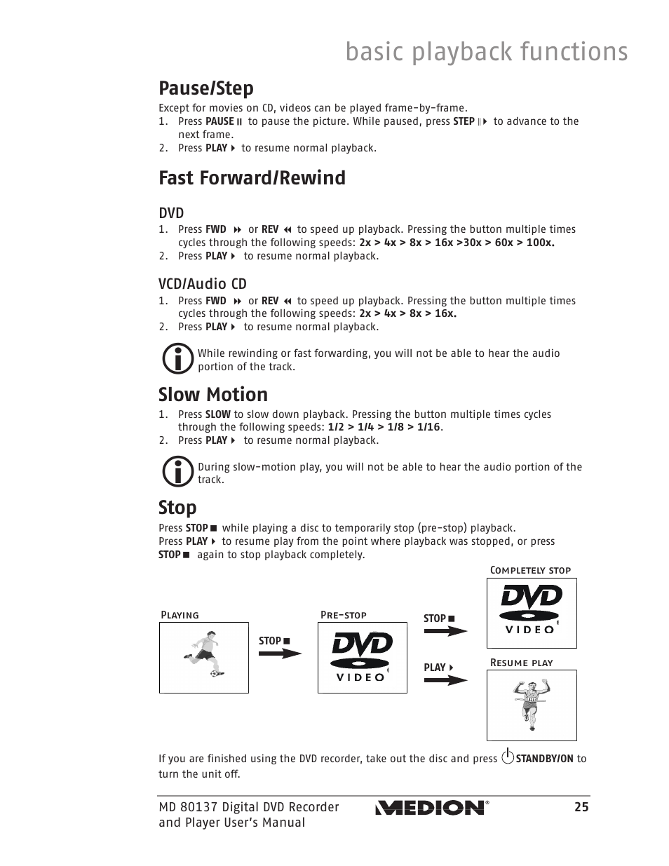 Basic playback functions, Pause/step, Fast forward/rewind | Slow motion, Stop, Vcd/audio cd | Medion MD 80137 User Manual | Page 25 / 53
