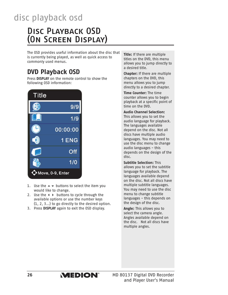 Disc playback osd (on screen display), Disc playback osd, Dvd playback osd | Medion MD 80137 User Manual | Page 26 / 53