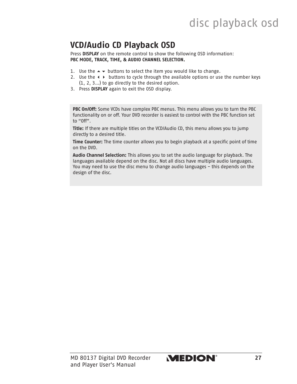 Disc playback osd, Vcd/audio cd playback osd | Medion MD 80137 User Manual | Page 27 / 53