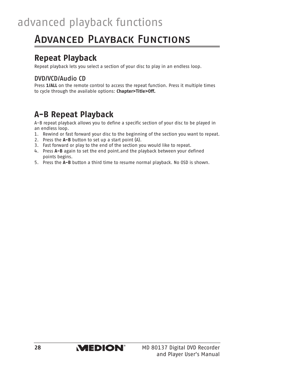 Advanced playback functions, Repeat playback, A-b repeat playback | Medion MD 80137 User Manual | Page 28 / 53