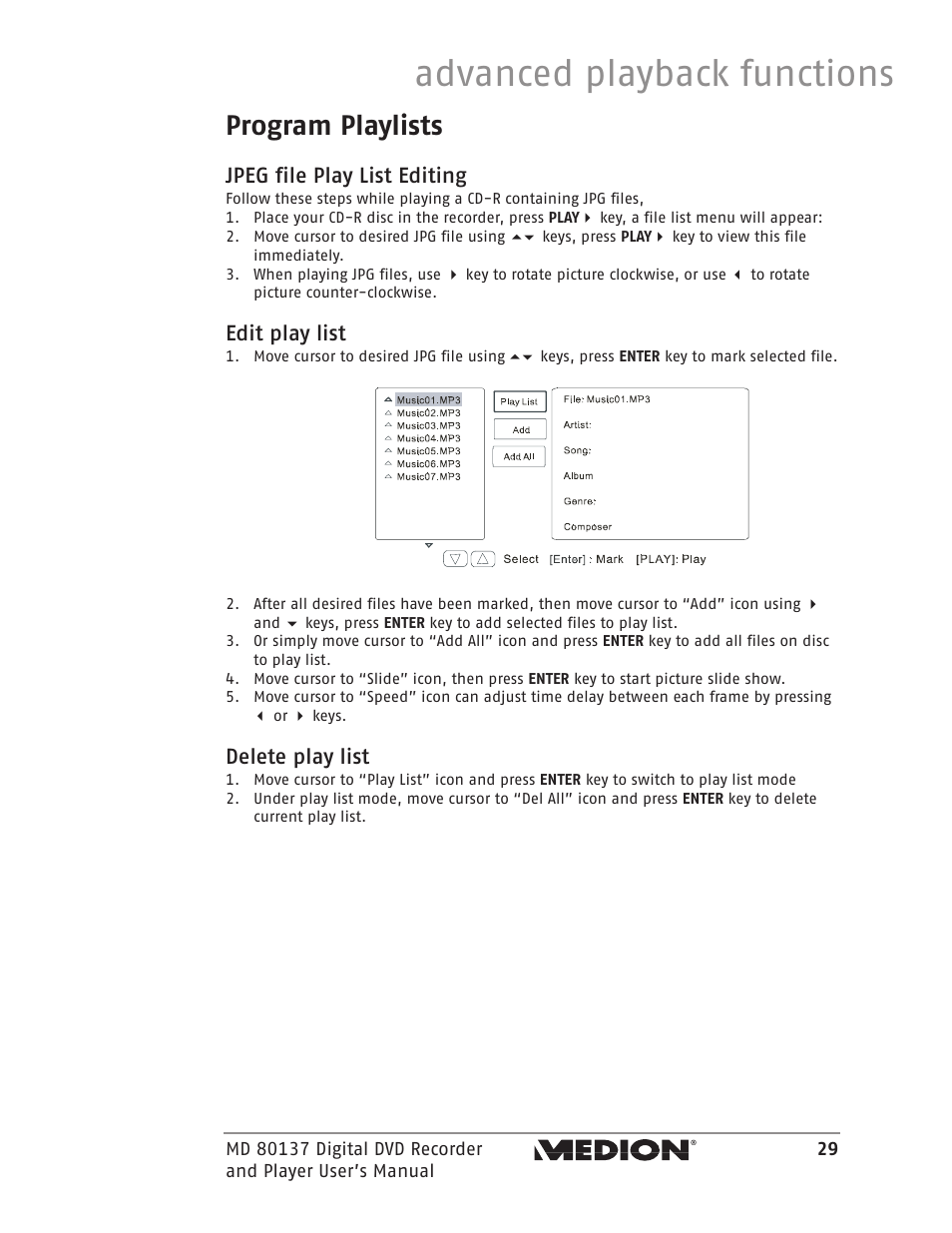 Advanced playback functions, Program playlists, Jpeg file play list editing | Edit play list, Delete play list | Medion MD 80137 User Manual | Page 29 / 53