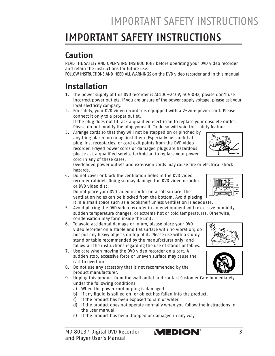 Important safety instructions, Caution, Installation | Medion MD 80137 User Manual | Page 3 / 53