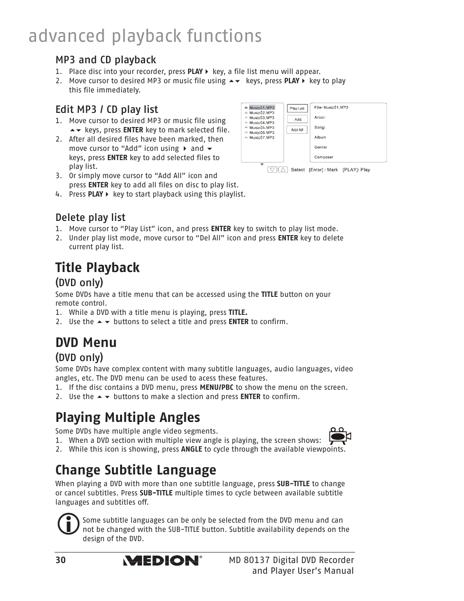 Advanced playback functions, Title playback, Dvd menu | Playing multiple angles, Change subtitle language | Medion MD 80137 User Manual | Page 30 / 53