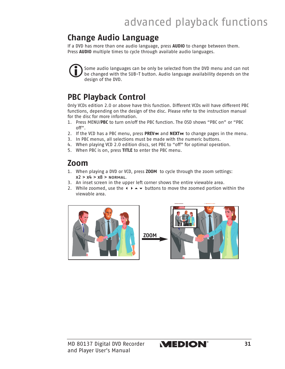 Advanced playback functions, Change audio language, Pbc playback control | Zoom | Medion MD 80137 User Manual | Page 31 / 53