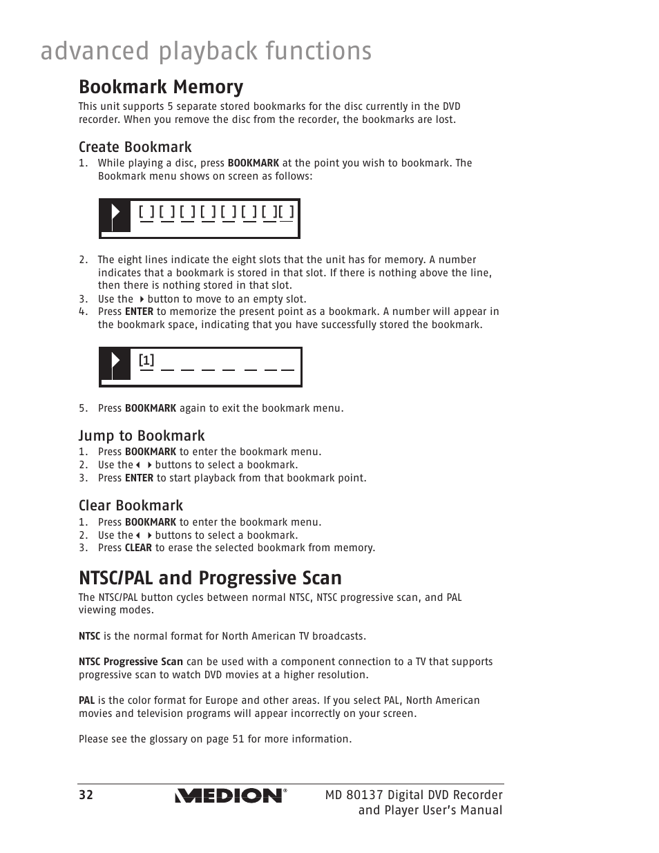 Advanced playback functions, Ntsc/pal and progressive scan, Create bookmark | Jump to bookmark, Clear bookmark | Medion MD 80137 User Manual | Page 32 / 53
