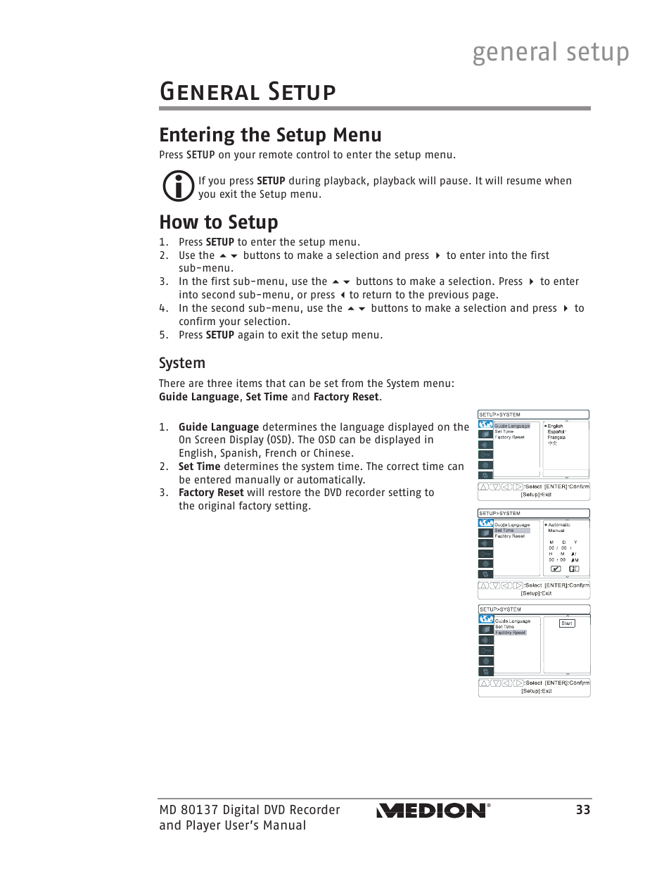 General setup, Entering the setup menu, How to setup | System | Medion MD 80137 User Manual | Page 33 / 53