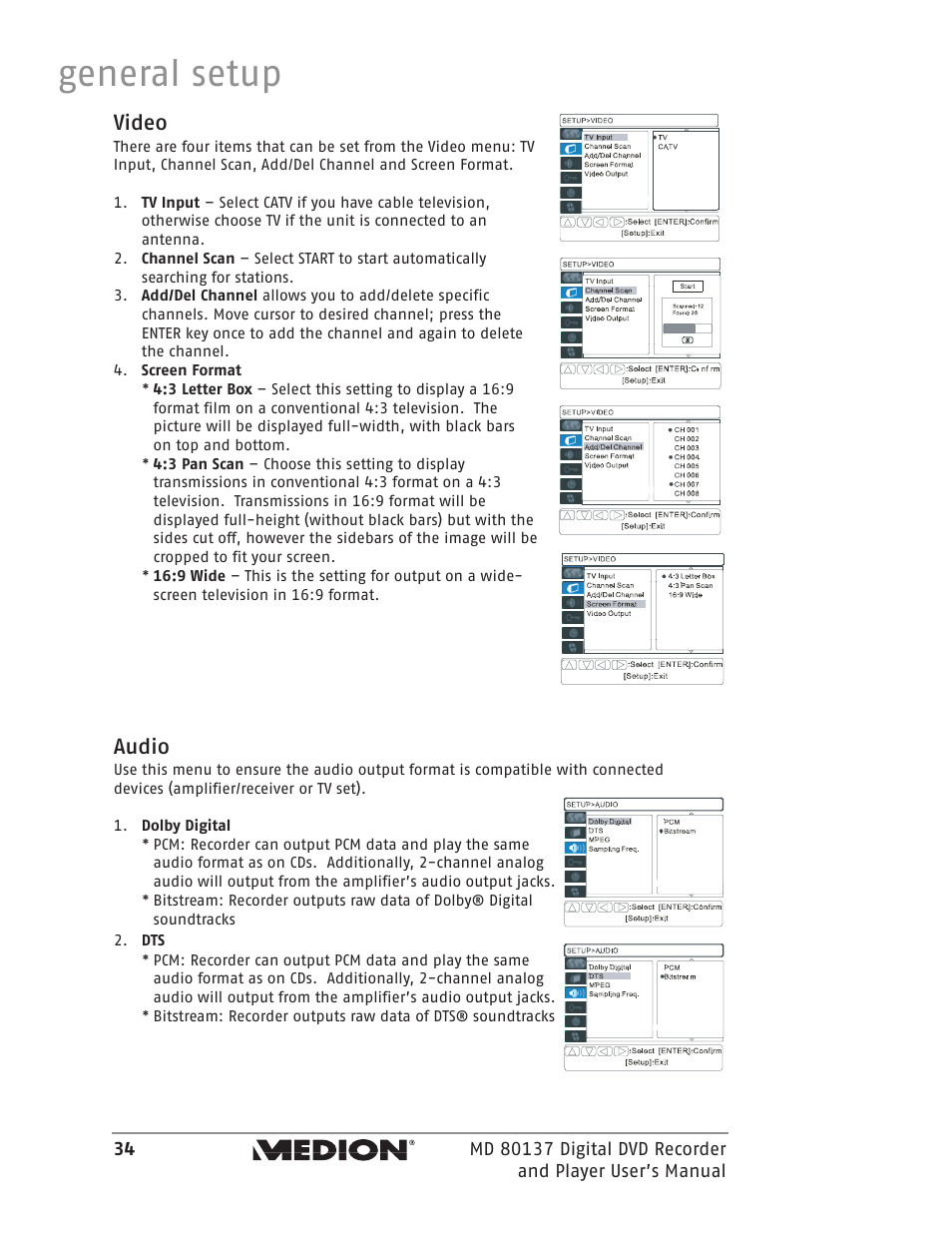 General setup, Video, Audio | Medion MD 80137 User Manual | Page 34 / 53