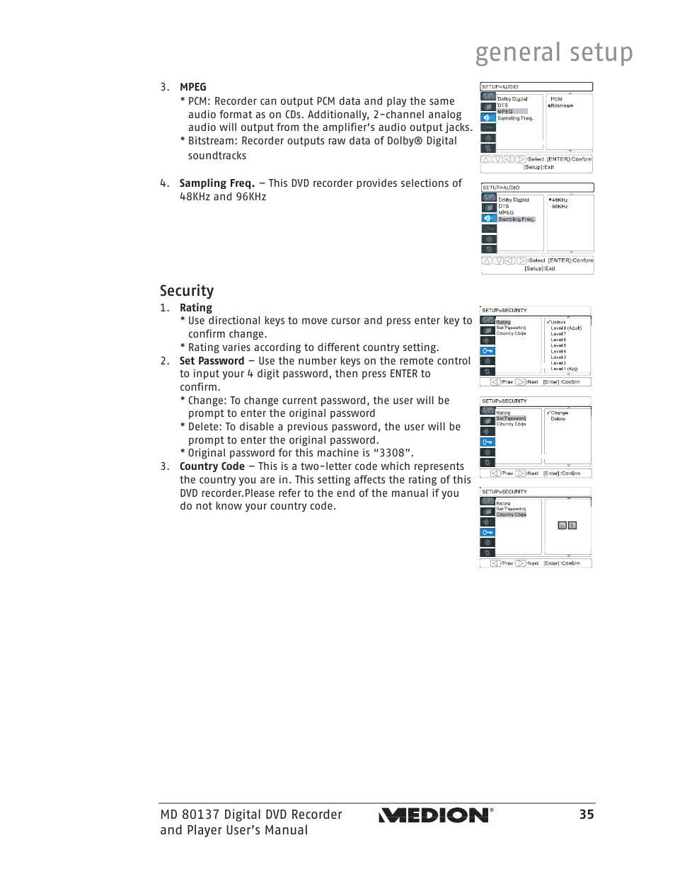 General setup, Security | Medion MD 80137 User Manual | Page 35 / 53