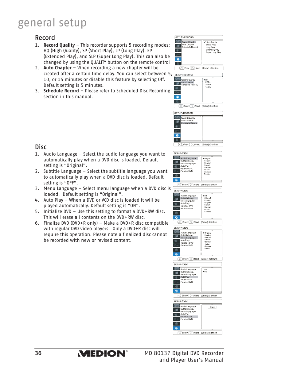 General setup, Record, Disc | Medion MD 80137 User Manual | Page 36 / 53