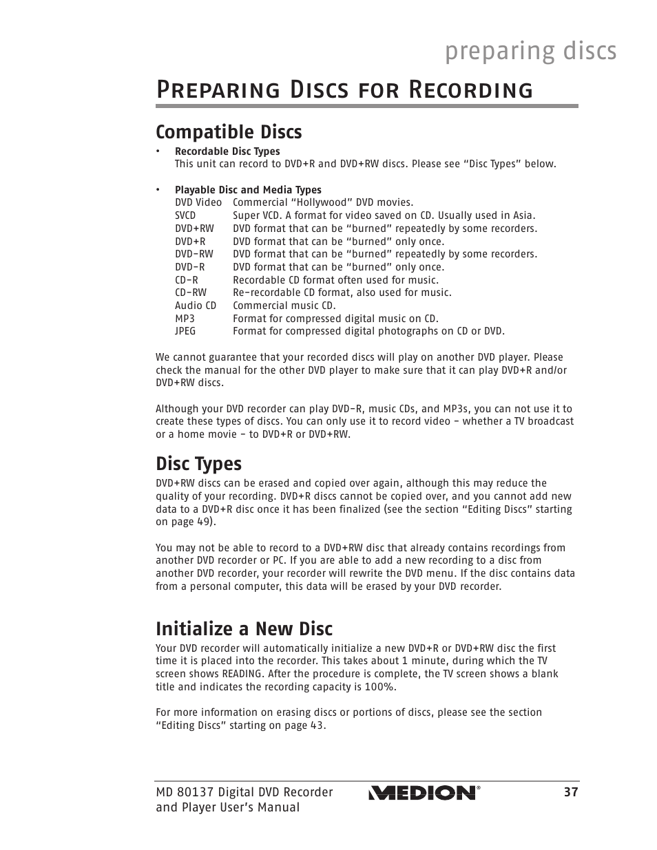 Preparing discs for recording, Preparing discs, Compatible discs | Disc types, Initialize a new disc | Medion MD 80137 User Manual | Page 37 / 53