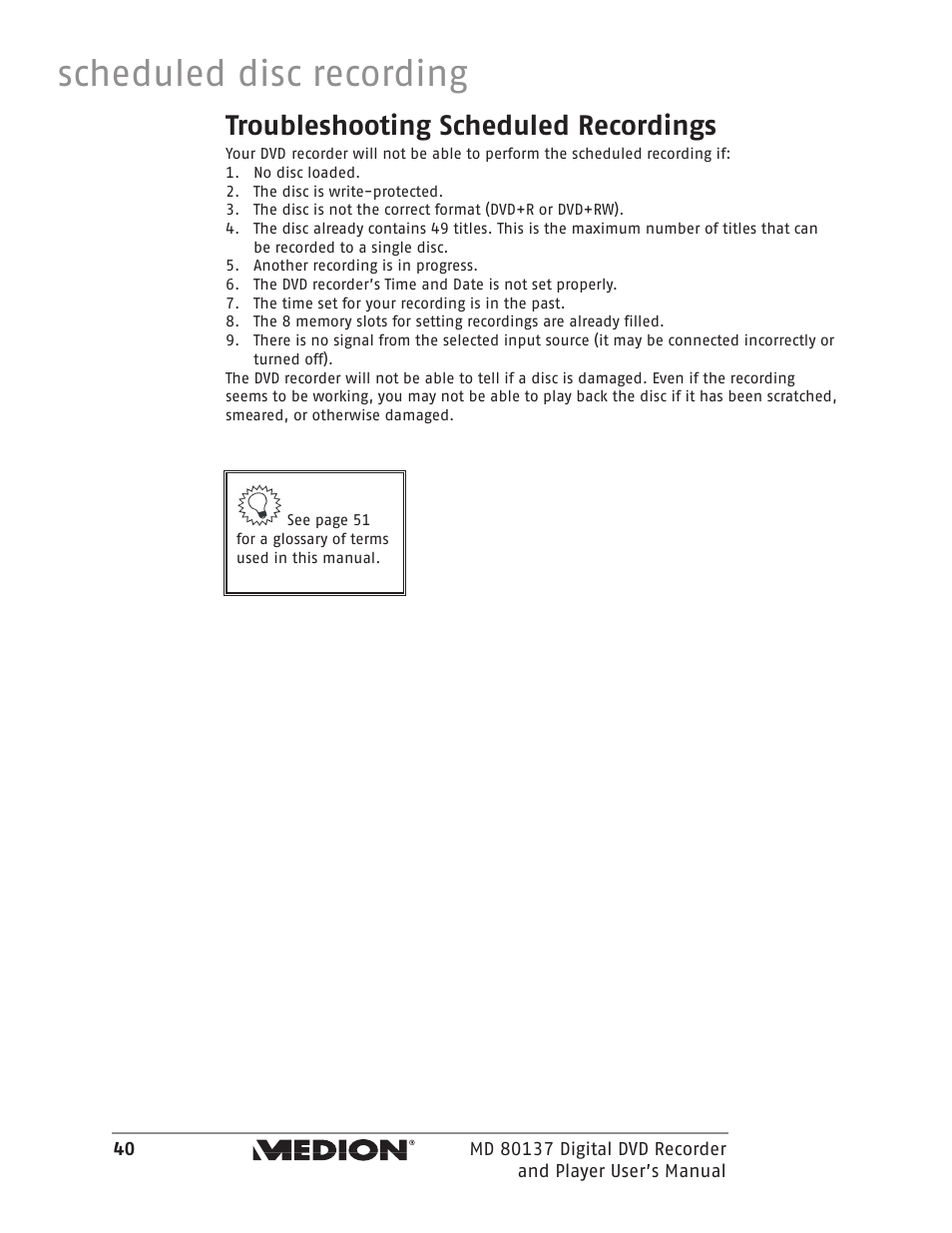 Scheduled disc recording, Troubleshooting scheduled recordings | Medion MD 80137 User Manual | Page 40 / 53