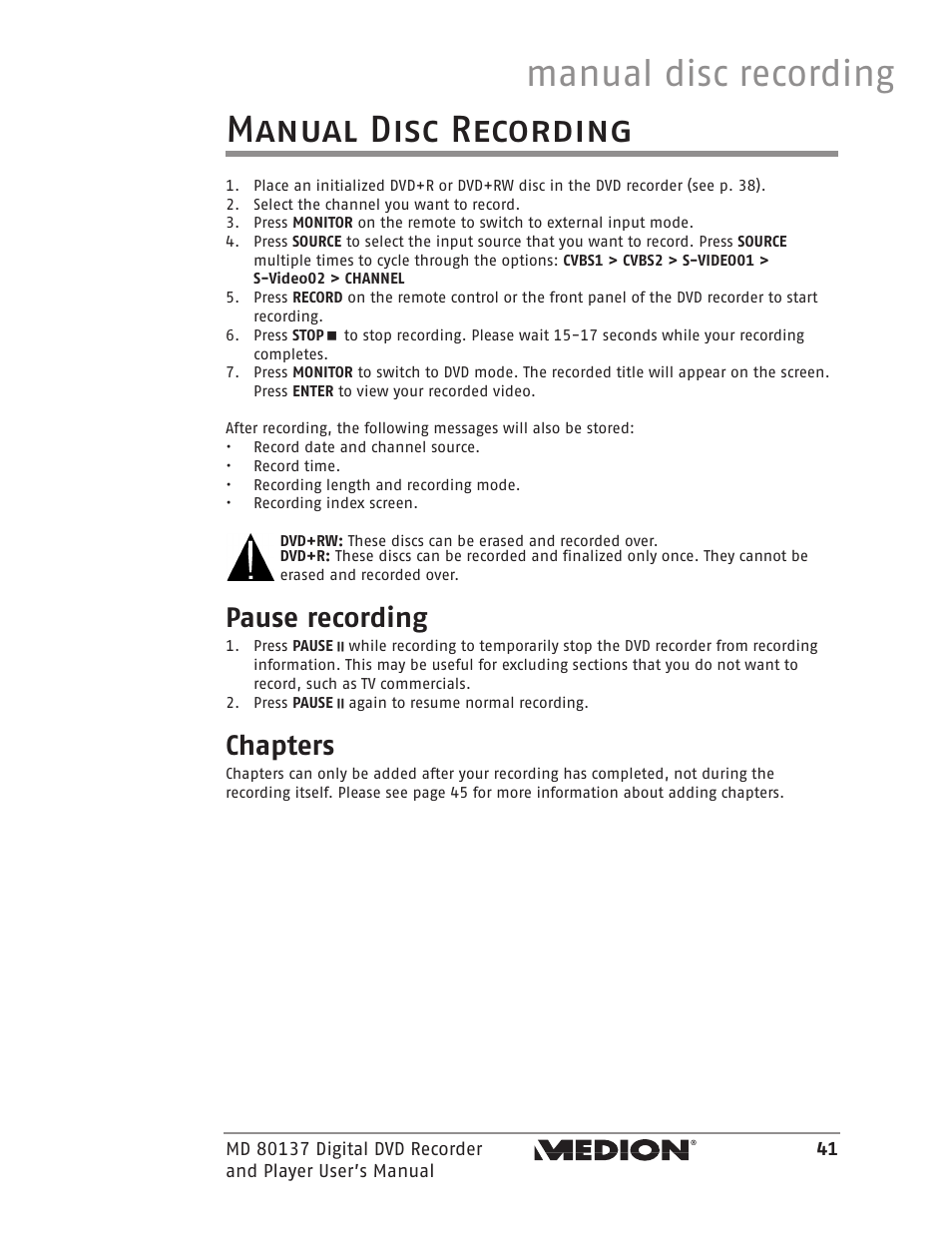 Manual disc recording, Pause recording, Chapters | Medion MD 80137 User Manual | Page 41 / 53