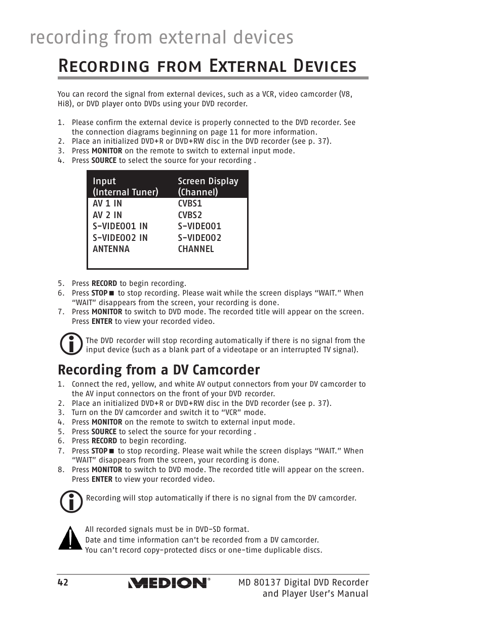 Recording from external devices, Recording from a dv camcorder | Medion MD 80137 User Manual | Page 42 / 53