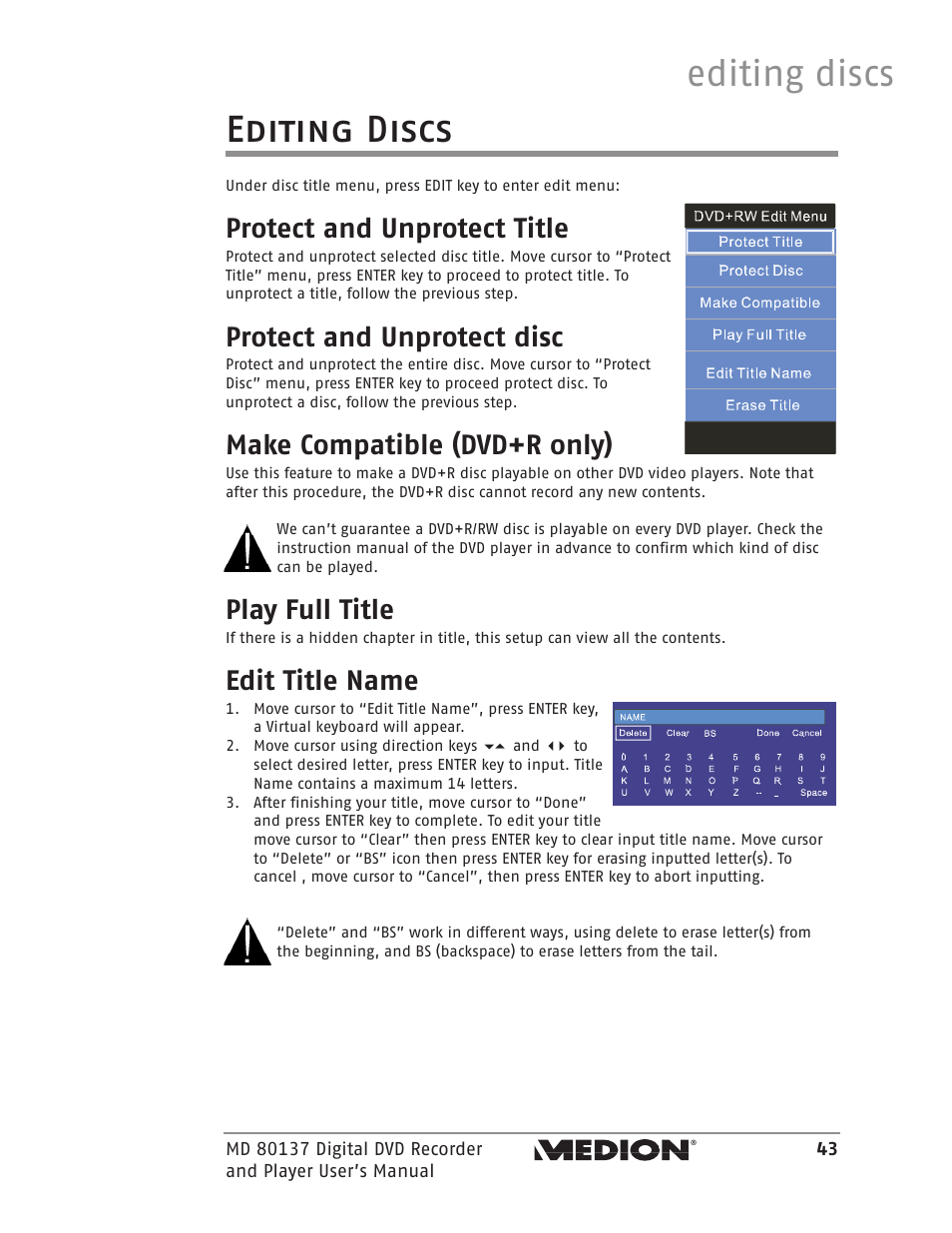 Editing discs editing discs, Protect and unprotect title, Protect and unprotect disc | Make compatible (dvd+r only), Play full title, Edit title name | Medion MD 80137 User Manual | Page 43 / 53