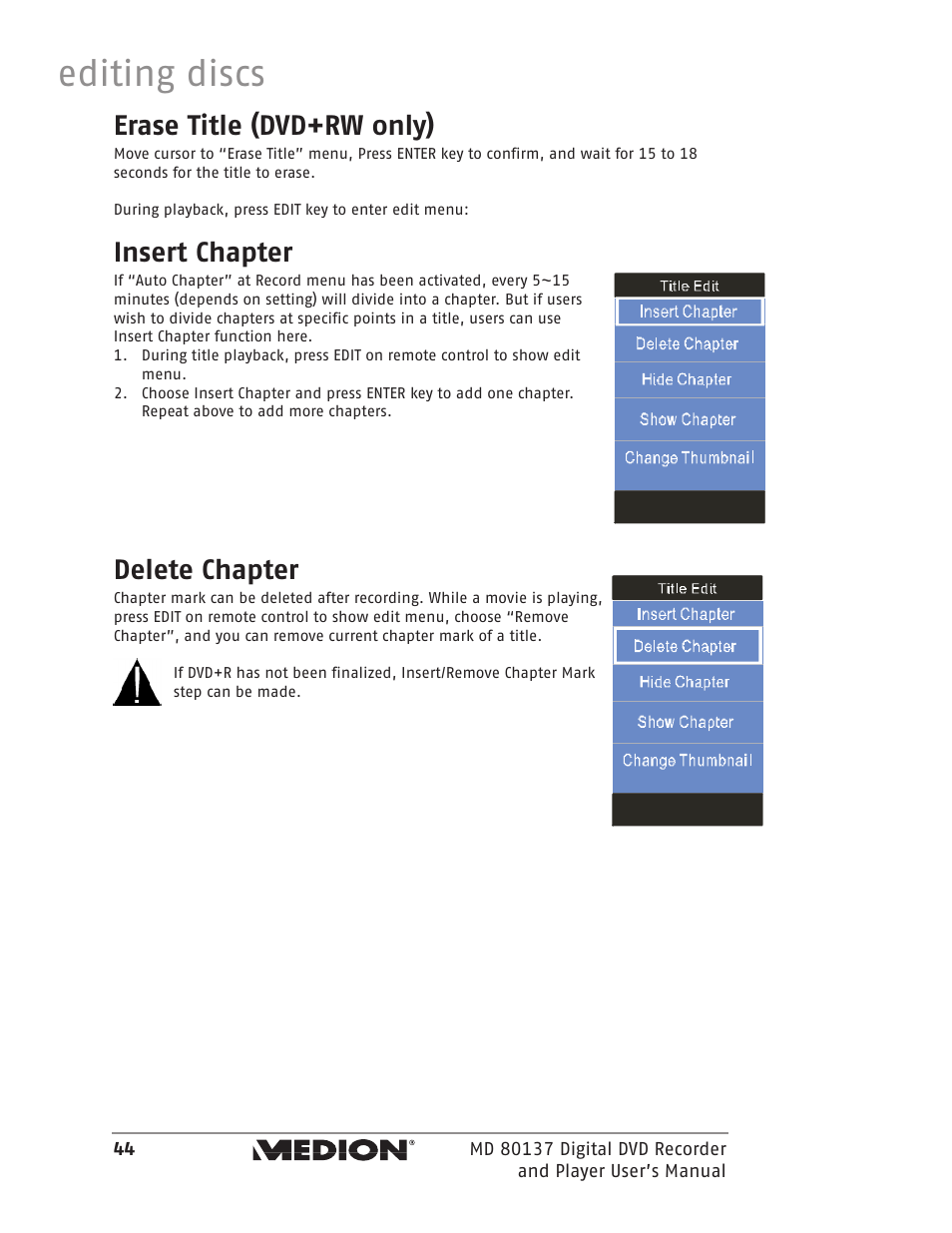 Editing discs, Erase title (dvd+rw only), Insert chapter | Delete chapter | Medion MD 80137 User Manual | Page 44 / 53