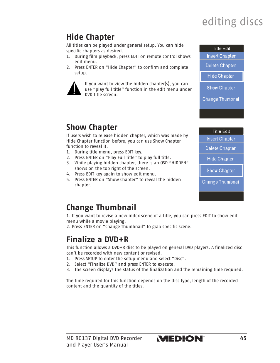 Editing discs, Hide chapter, Show chapter | Change thumbnail, Finalize a dvd+r | Medion MD 80137 User Manual | Page 45 / 53
