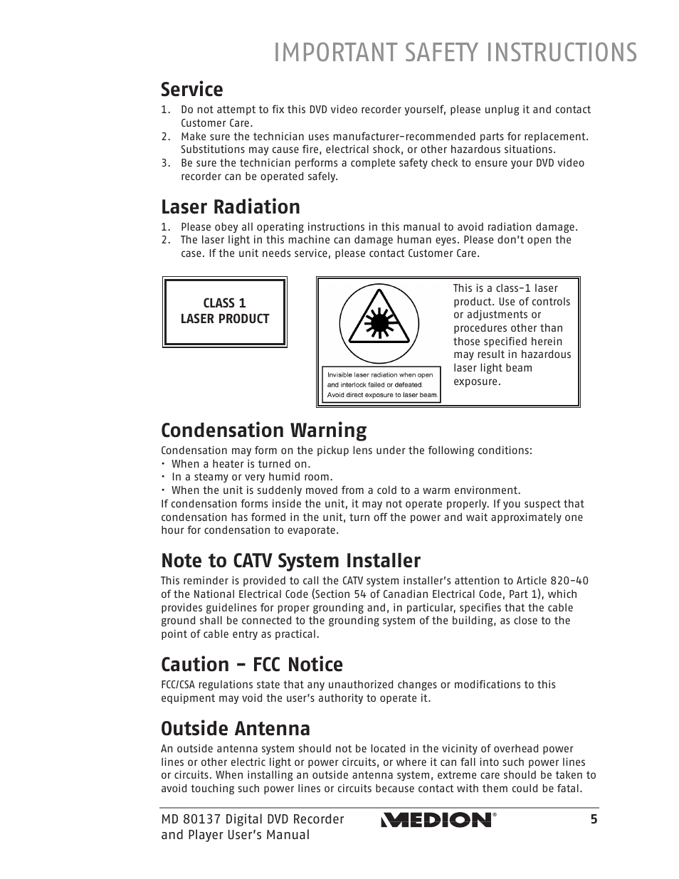 Important safety instructions, Service, Laser radiation | Condensation warning, Caution - fcc notice, Outside antenna | Medion MD 80137 User Manual | Page 5 / 53