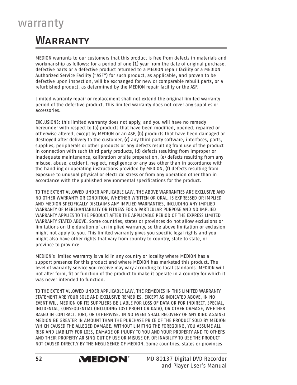 Warranty warranty | Medion MD 80137 User Manual | Page 52 / 53