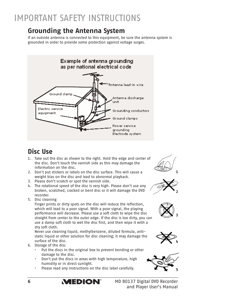Important safety instructions, Grounding the antenna system, Disc use | Medion MD 80137 User Manual | Page 6 / 53