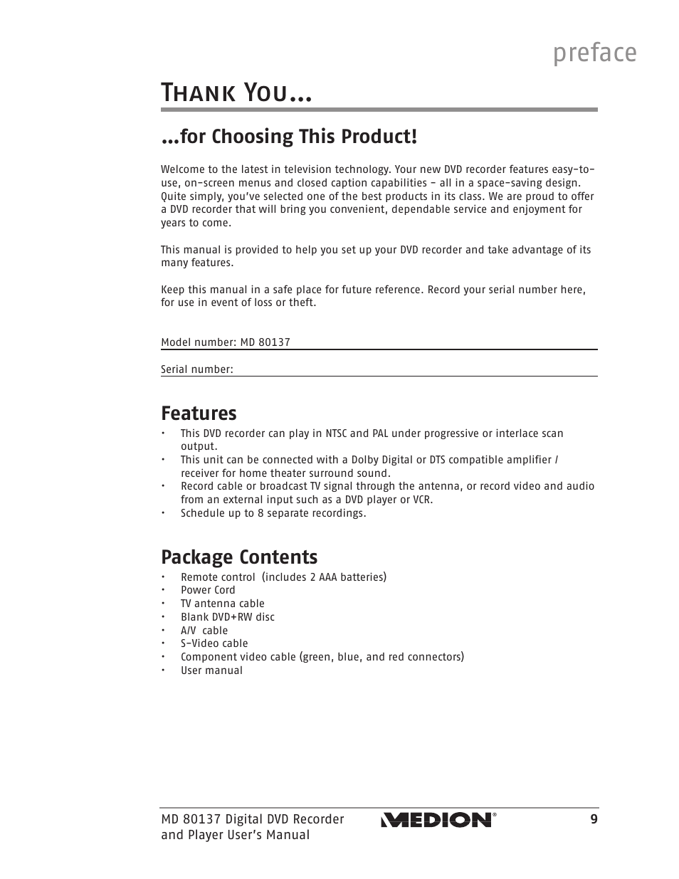 Preface, For choosing this product, Features | Package contents | Medion MD 80137 User Manual | Page 9 / 53