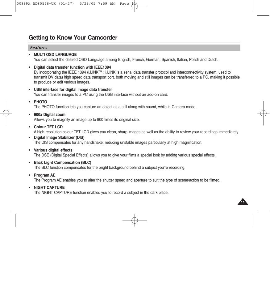 Getting to know your camcorder | Medion MD80566 User Manual | Page 11 / 87