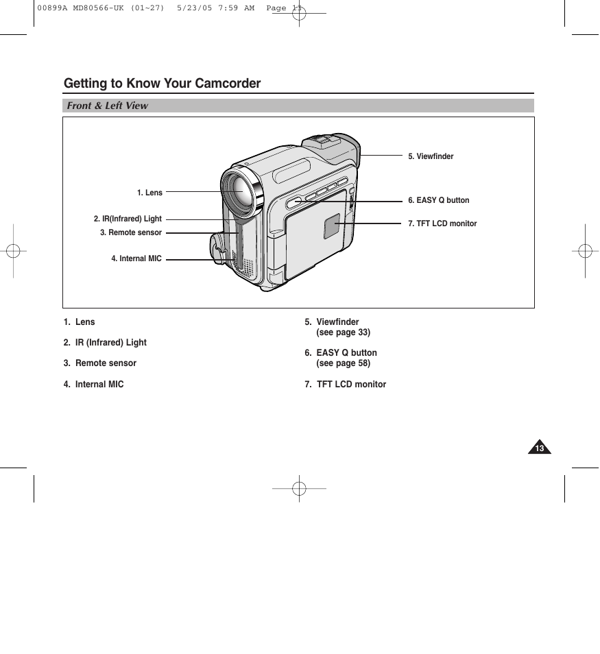 Getting to know your camcorder | Medion MD80566 User Manual | Page 13 / 87