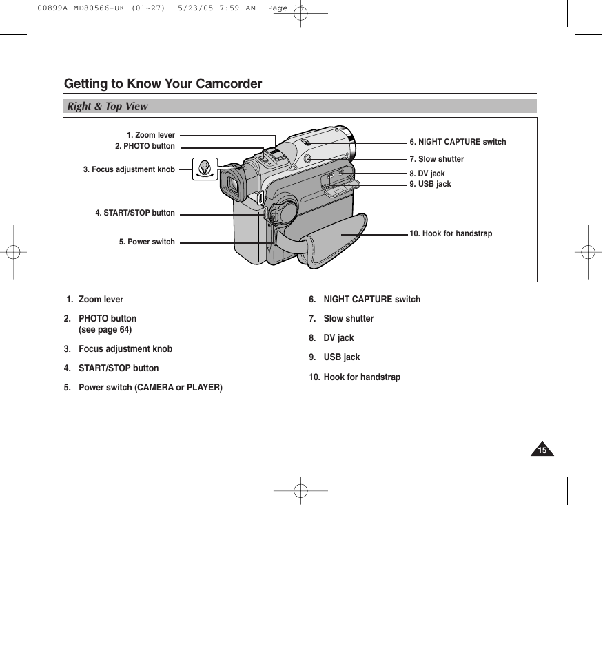 Getting to know your camcorder | Medion MD80566 User Manual | Page 15 / 87