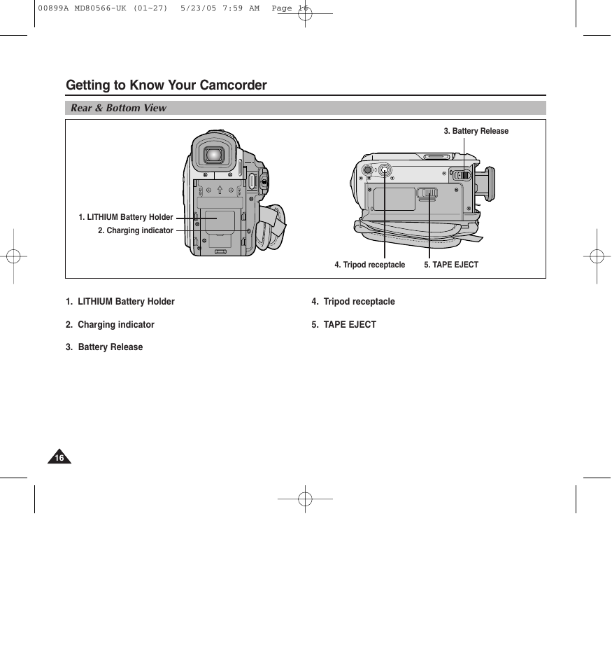 Getting to know your camcorder | Medion MD80566 User Manual | Page 16 / 87