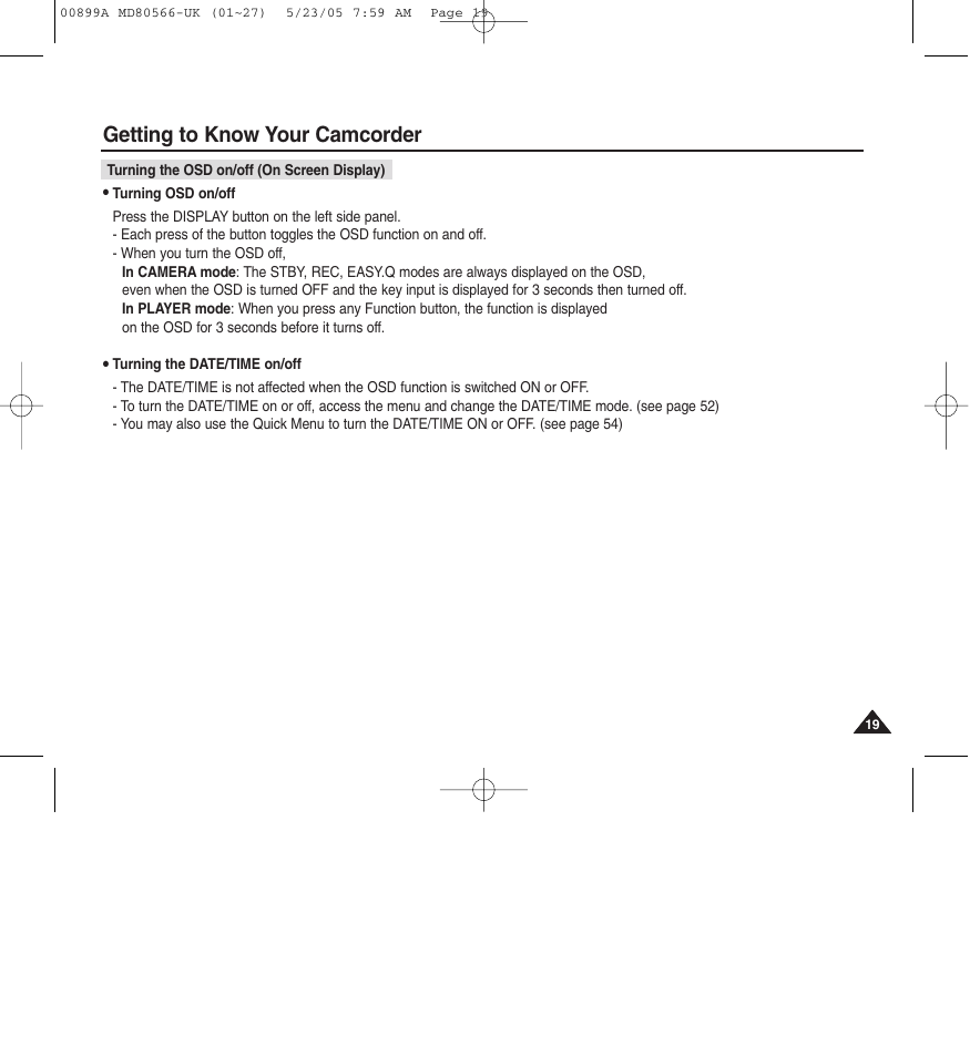 Getting to know your camcorder | Medion MD80566 User Manual | Page 19 / 87