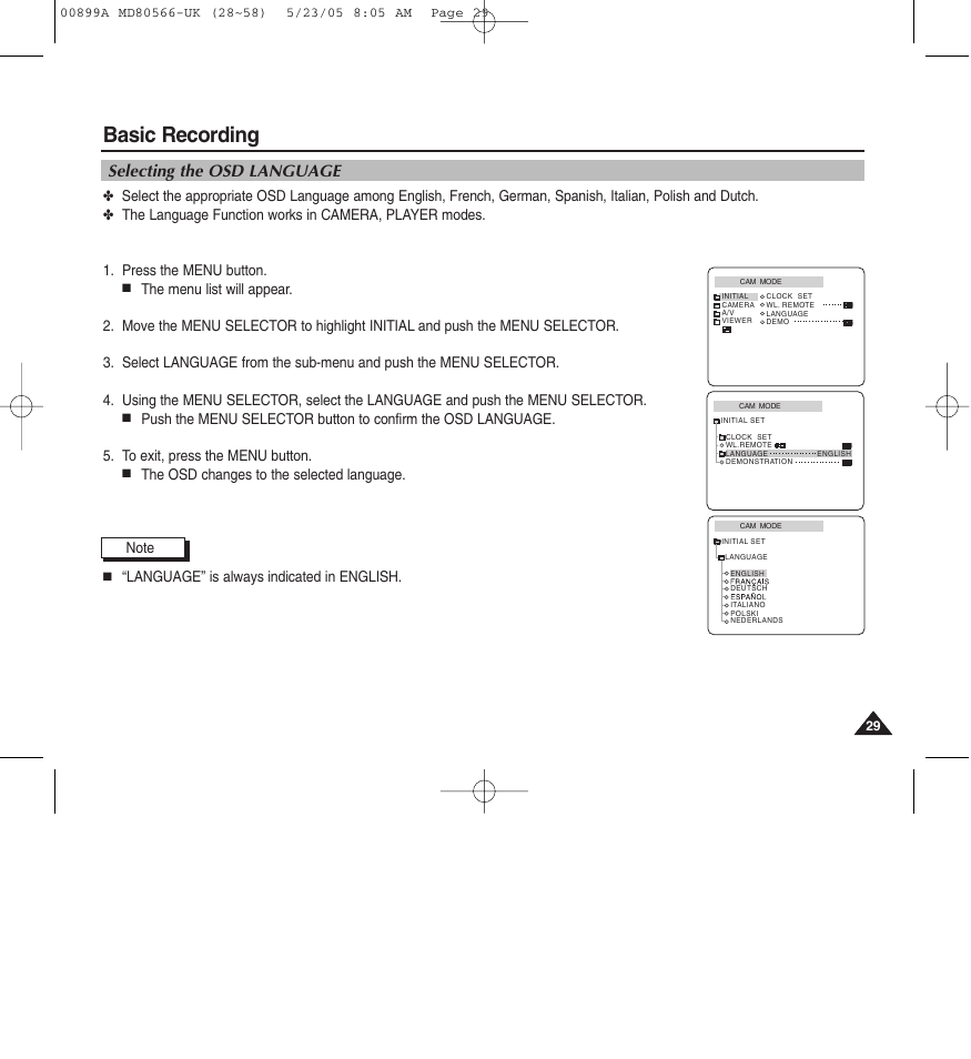 Basic recording, Selecting the osd language | Medion MD80566 User Manual | Page 29 / 87
