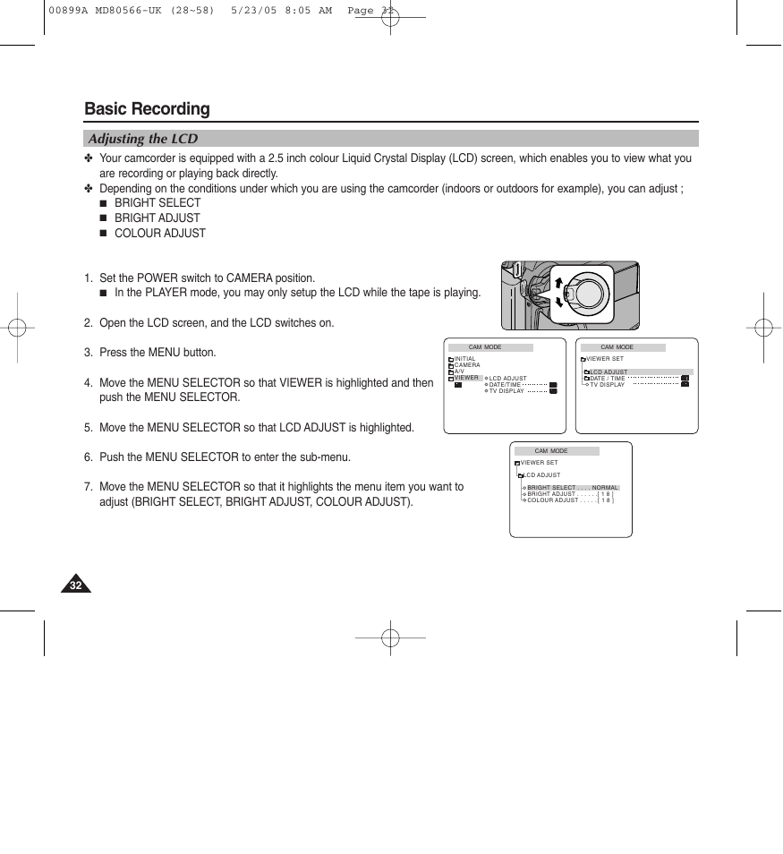 Basic recording, Adjusting the lcd | Medion MD80566 User Manual | Page 32 / 87