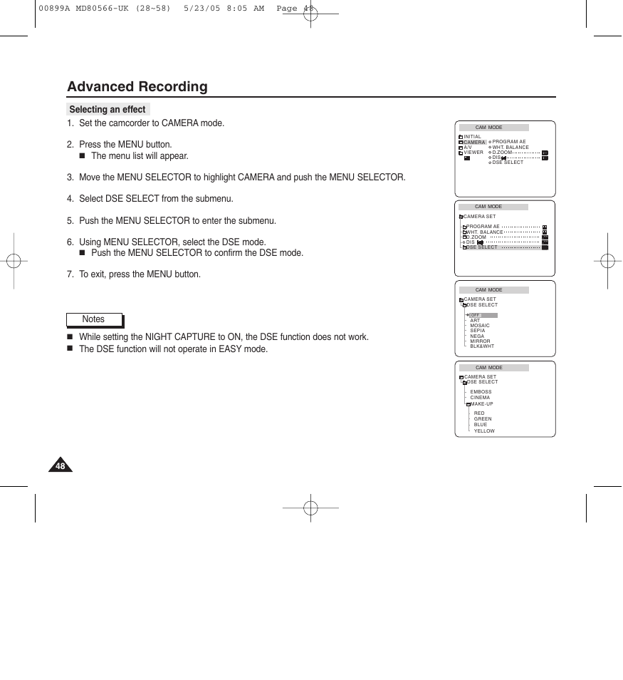 Advanced recording, The dse function will not operate in easy mode | Medion MD80566 User Manual | Page 48 / 87