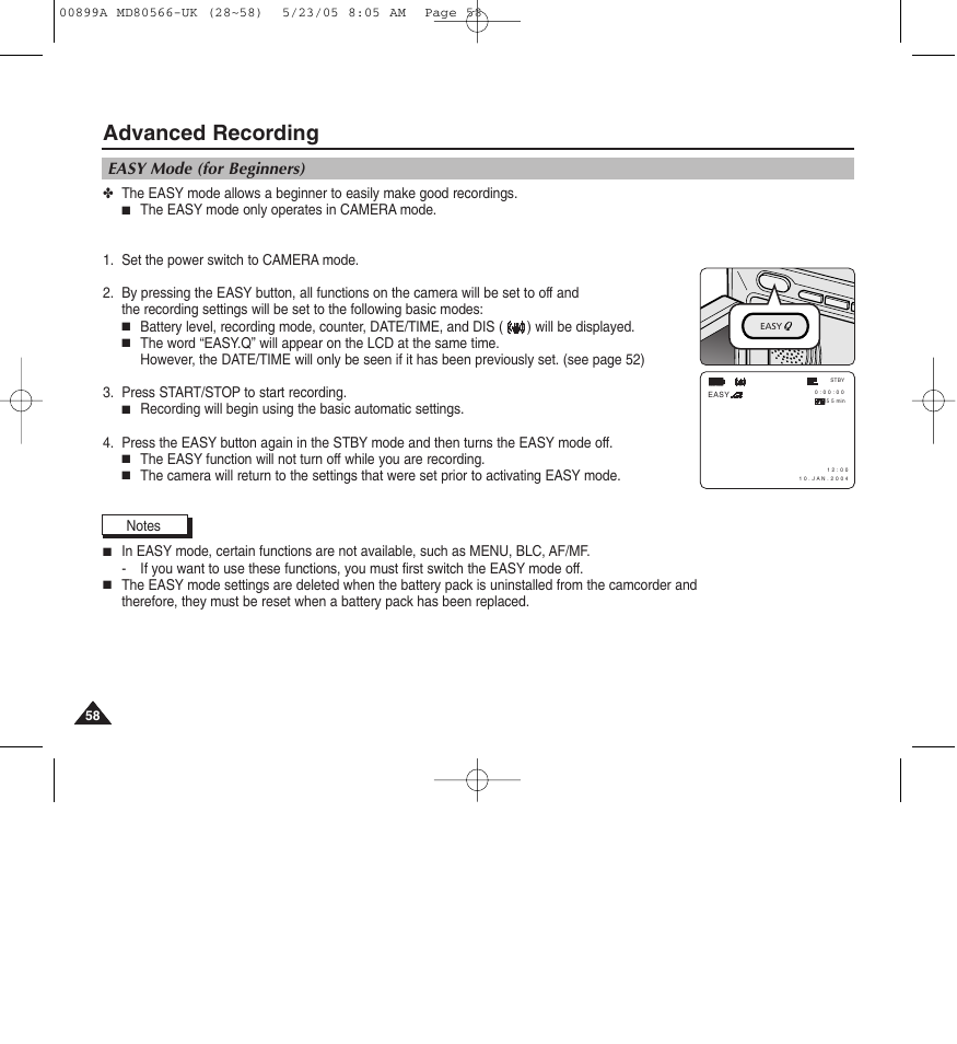 Advanced recording, Easy mode (for beginners) | Medion MD80566 User Manual | Page 58 / 87
