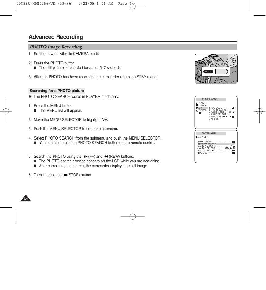 Advanced recording, Photo image recording | Medion MD80566 User Manual | Page 64 / 87