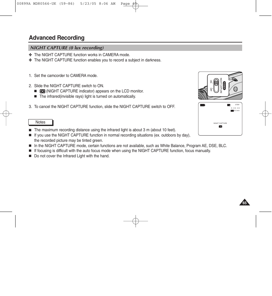 Advanced recording, Night capture (0 lux recording) | Medion MD80566 User Manual | Page 65 / 87