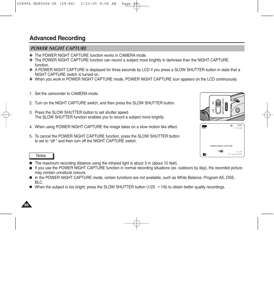 Advanced recording, Power night capture | Medion MD80566 User Manual | Page 66 / 87
