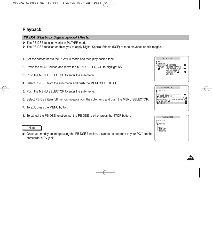 Playback, Pb dse (playback digital special effects) | Medion MD80566 User Manual | Page 73 / 87