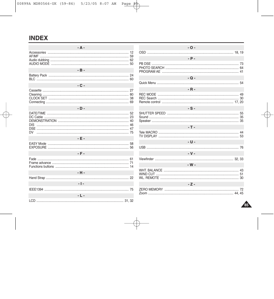 Index | Medion MD80566 User Manual | Page 85 / 87