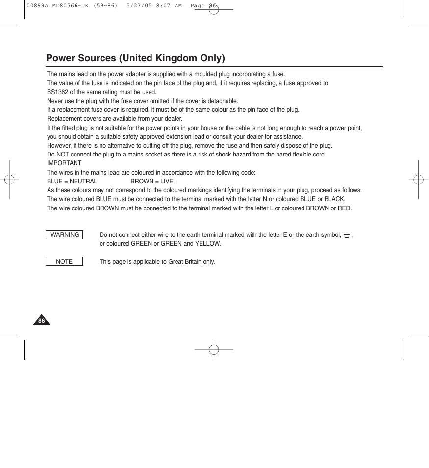 Power sources (united kingdom only) | Medion MD80566 User Manual | Page 86 / 87