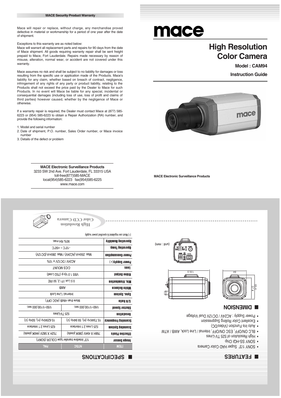 Mace CAM-94 User Manual | 2 pages