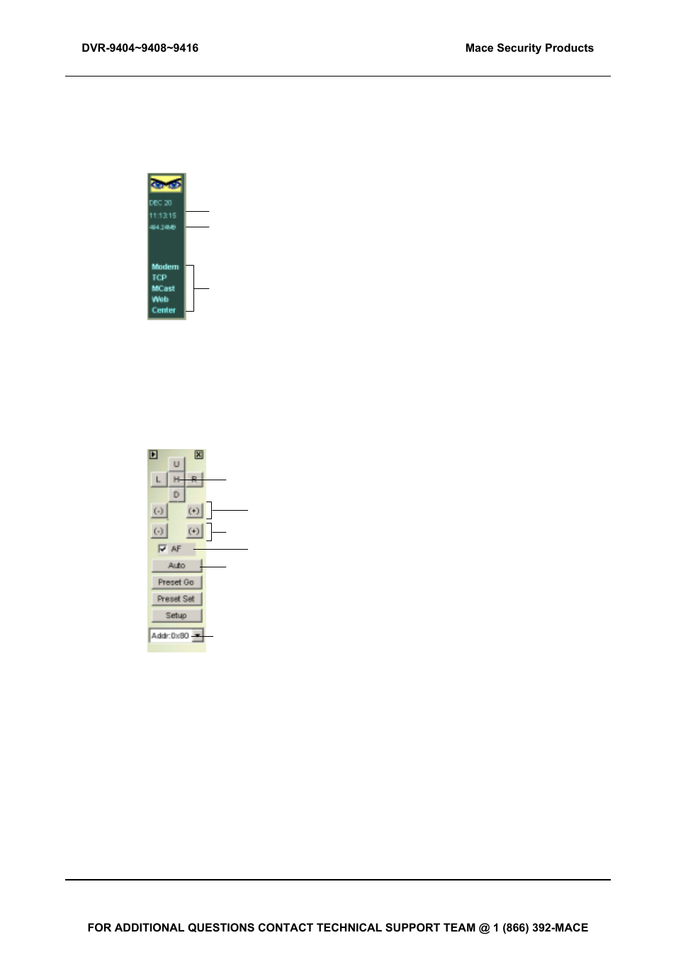 1 status panel, 2 ptz control panel | Mace DVR-9404 User Manual | Page 21 / 142