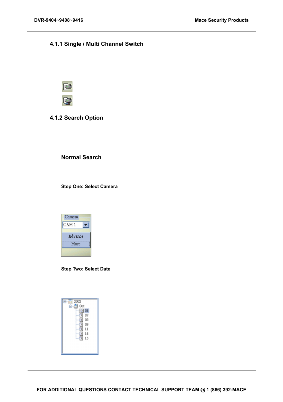 1 single / multi channel switch, 2 search option | Mace DVR-9404 User Manual | Page 57 / 142